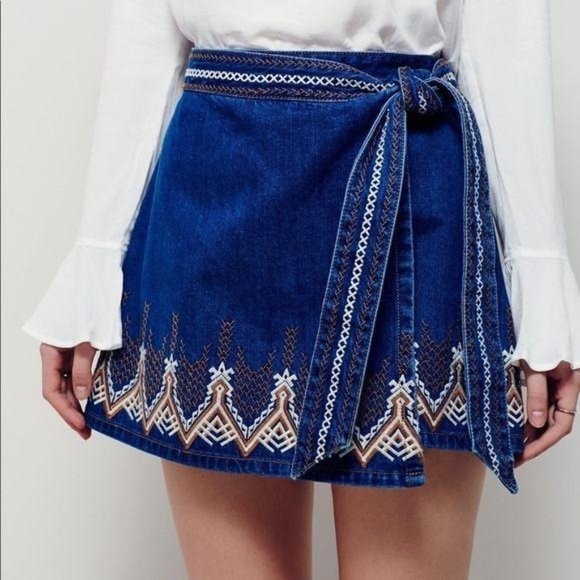 Free People Dresses & Skirts - Free People Dream Away Denim Wrap embroider Skirt